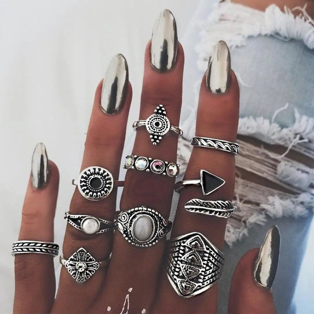 Boho zestaw pierścionków – 8–12 różnych pierścionków