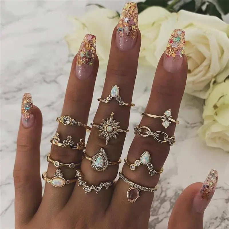 Boho zestaw pierścionków – 8–12 różnych pierścionków
